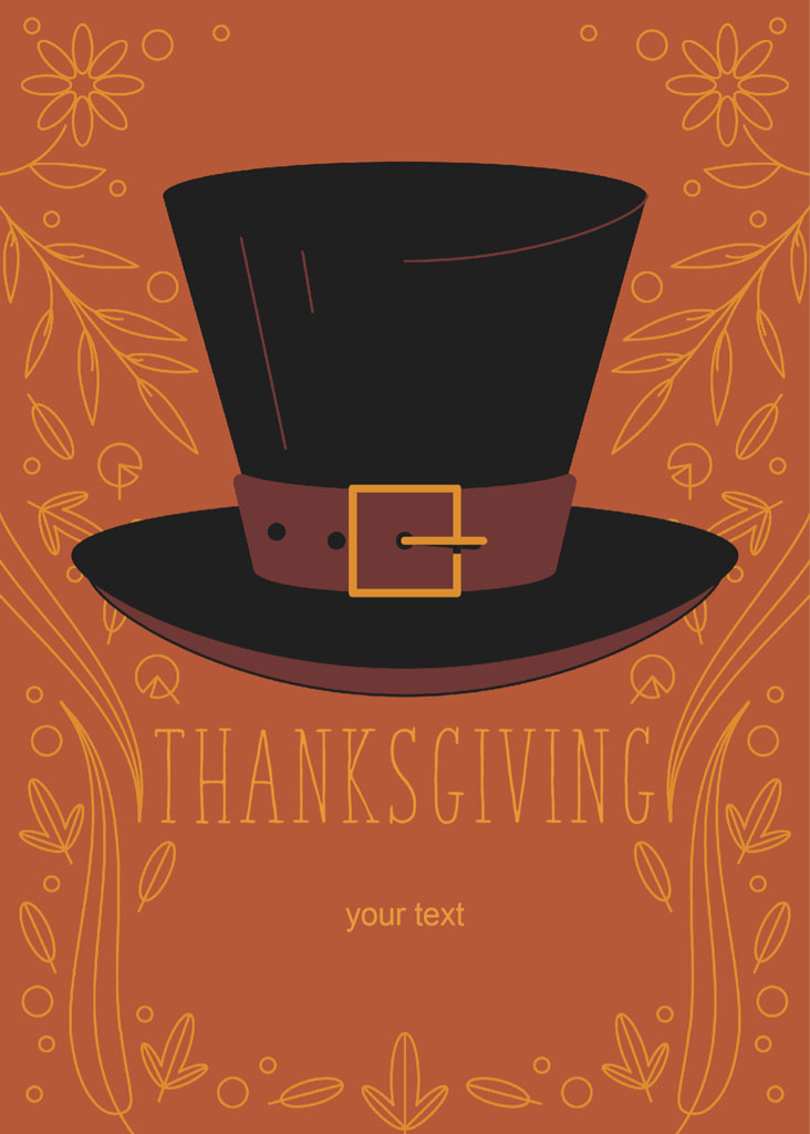 A graphic illustration of a pilgrim hat on a brown background with floral patterns and the word 'THANKSGIVING' written below it.