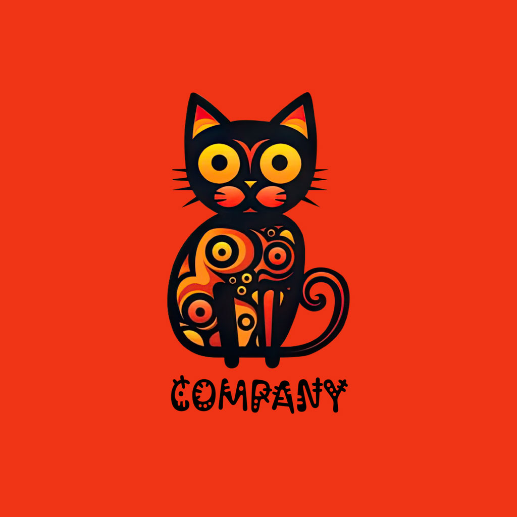 Stylized black cat with yellow eyes and colorful patterns on an orange background