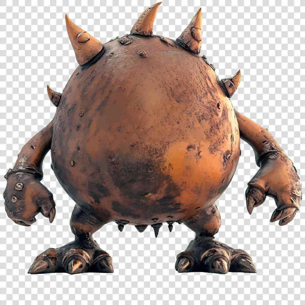 A large, round metal monster with spikes on its head and back, sharp claws, and a menacing stance.