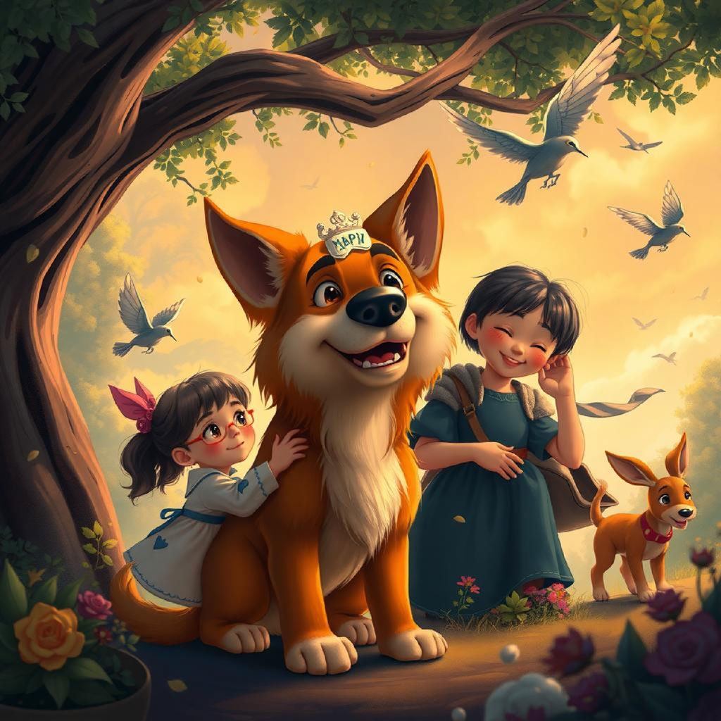 A cartoon illustration of a family of three under a tree, with a serene background.