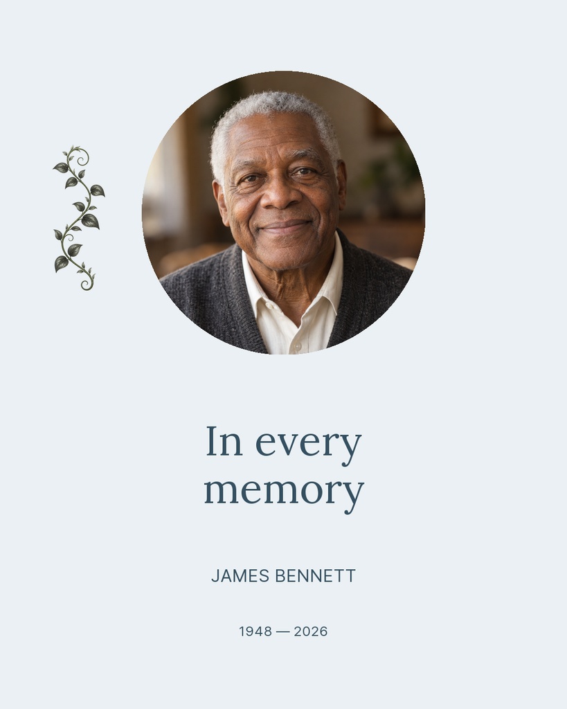 Portrait memorial post with a circular photo, floral accent, and the words In every memory.