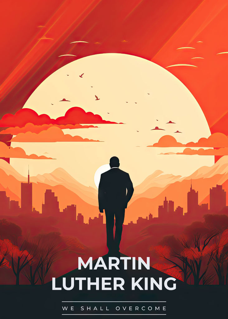 Martin Luther King Jr. standing in front of a cityscape at sunset