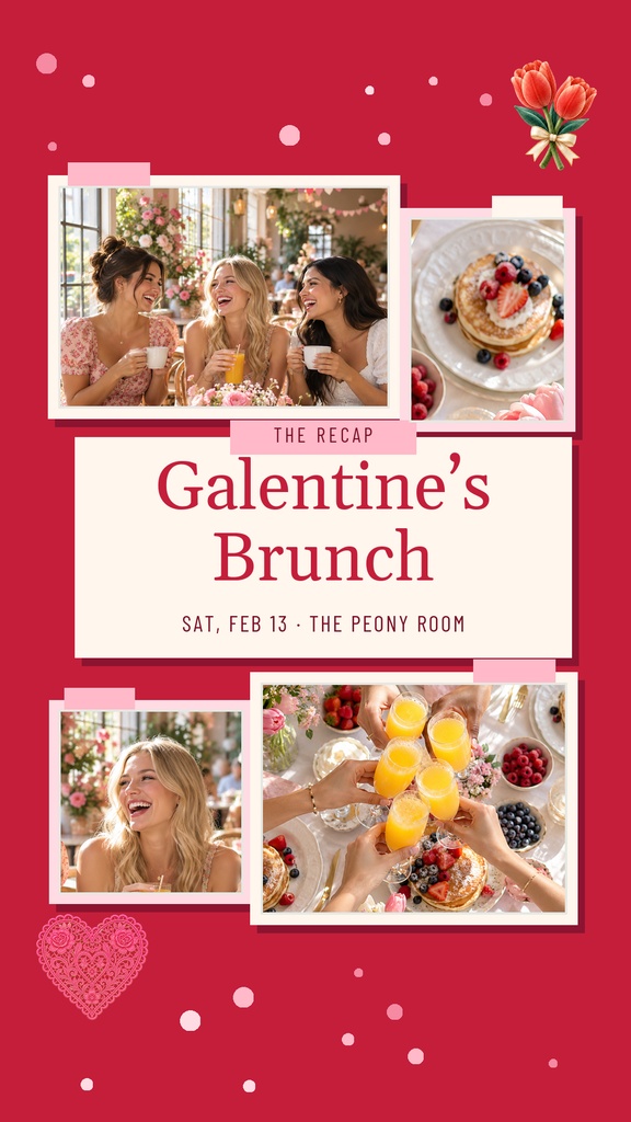 Red Instagram story template with brunch photos, friends, and Galentine's Day text.