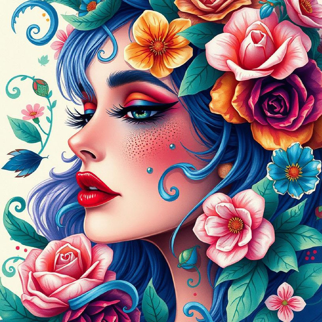 Illustration of a woman with blue hair and flowers