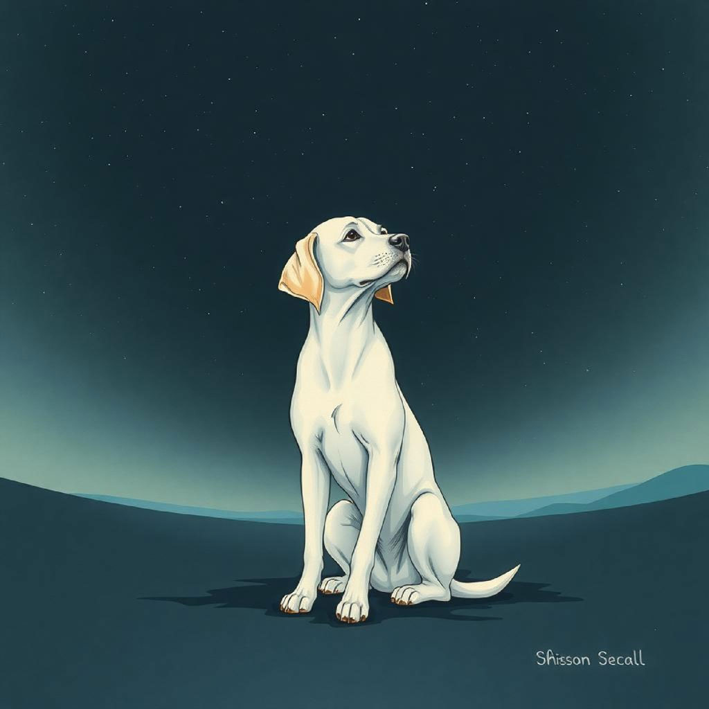 Illustration of a woman with long hair on a bridge at night with a full moon and an airplane in the sky.