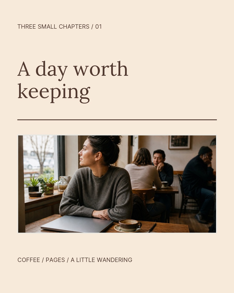 Portrait design template with a beige background, large serif title, and a cafe photo of people chatting.