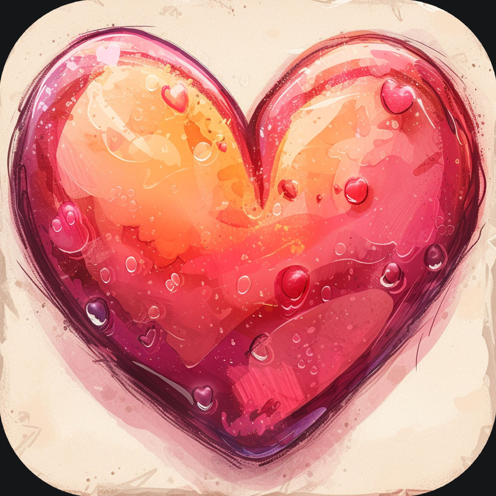 A heart-shaped illustration with a pink and red gradient and water droplets