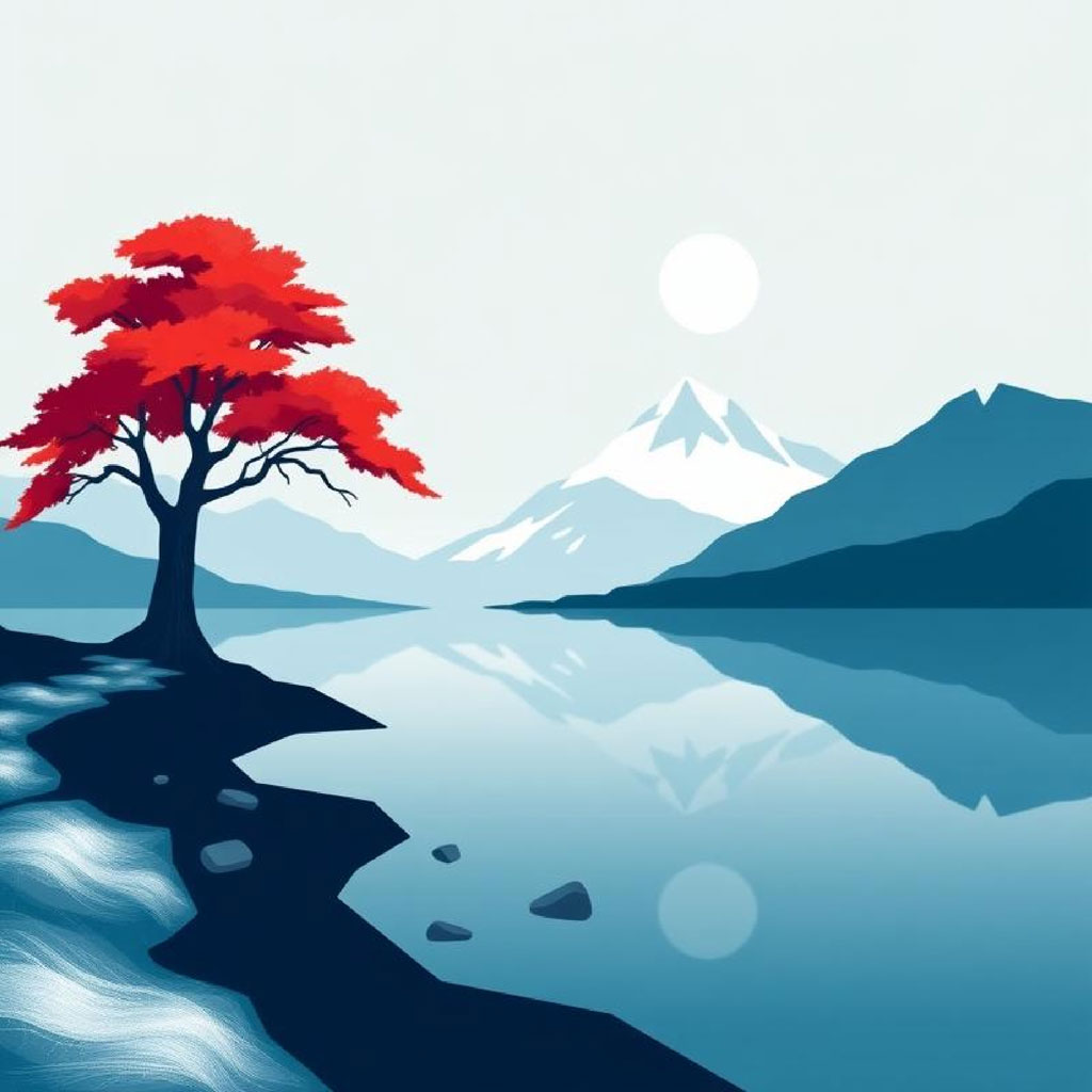 Illustration of a red tree on a rocky shore with a mountain range and full moon