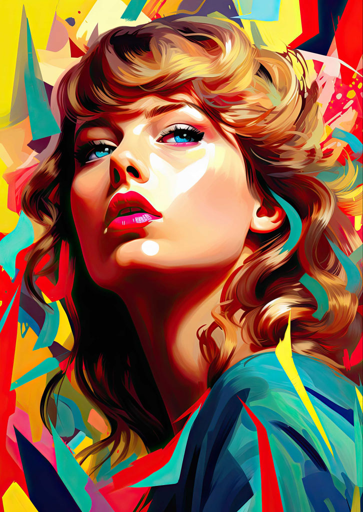 A pop art style portrait of a woman with blue eyes and red lips