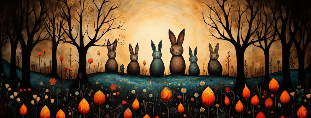 Painting of rabbits standing in a field of flowers with bare trees in the background