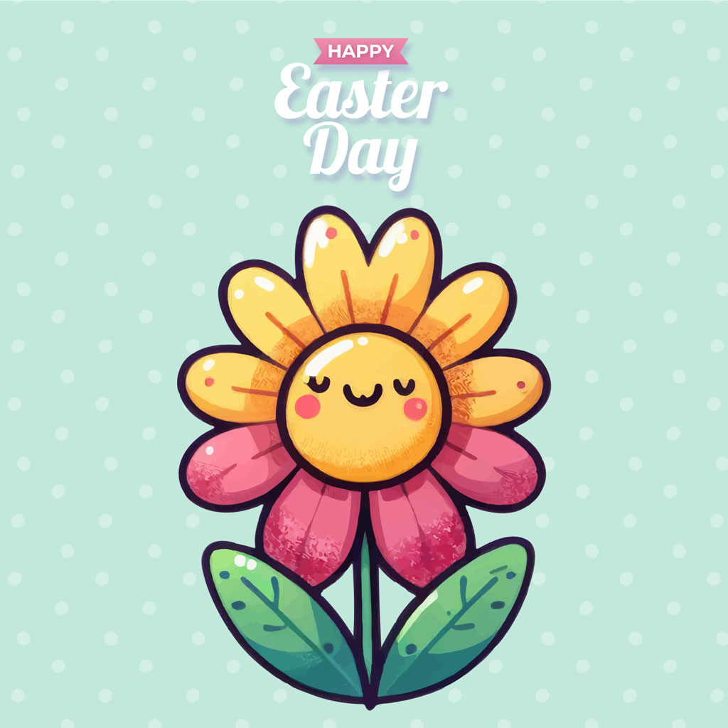 Cartoon flower with a smiling face and pink petals on a light green background with white polka dots, accompanied by 'Happy Easter Day' text