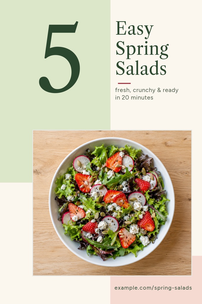 Pinterest pin template with a large number 5, spring salad headline, and a bowl of mixed salad with strawberries.