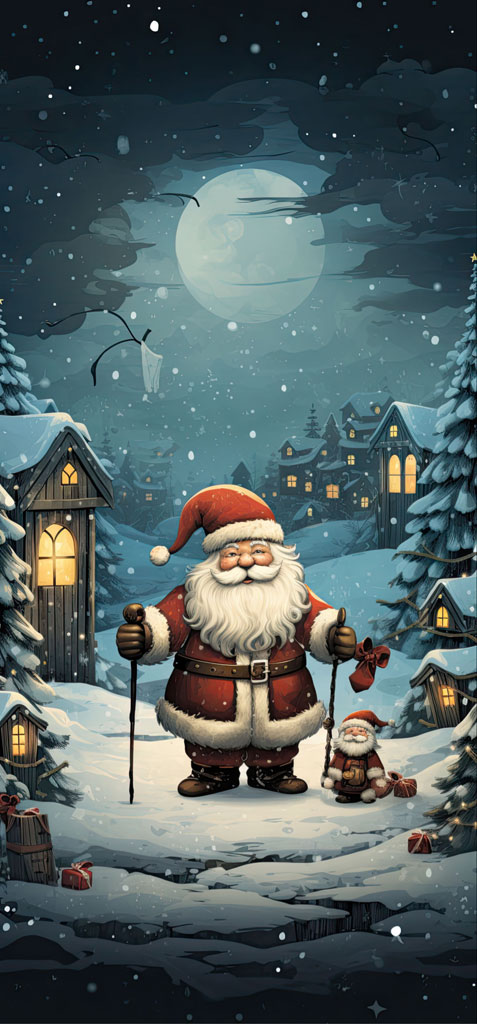 Santa Claus standing in a snowy village with a full moon in the background