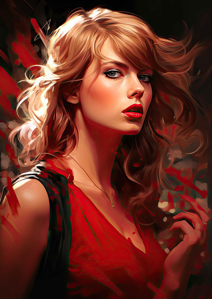 A portrait of a woman with blonde hair and red lips wearing a red dress.