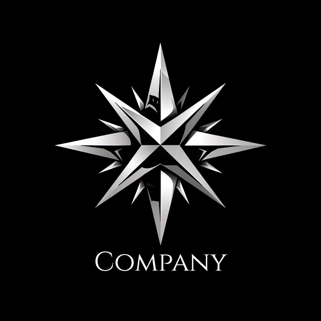 A stylized star logo with eight points on a black background.