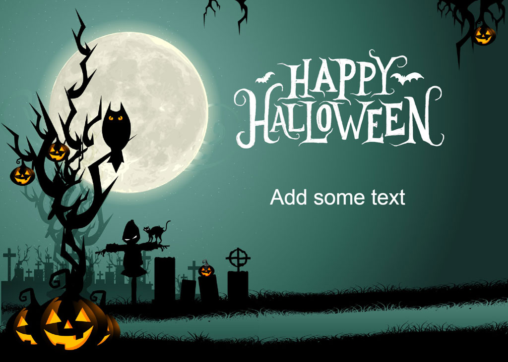 Halloween illustration with a graveyard, jack-o-lanterns, and bats flying around a full moon