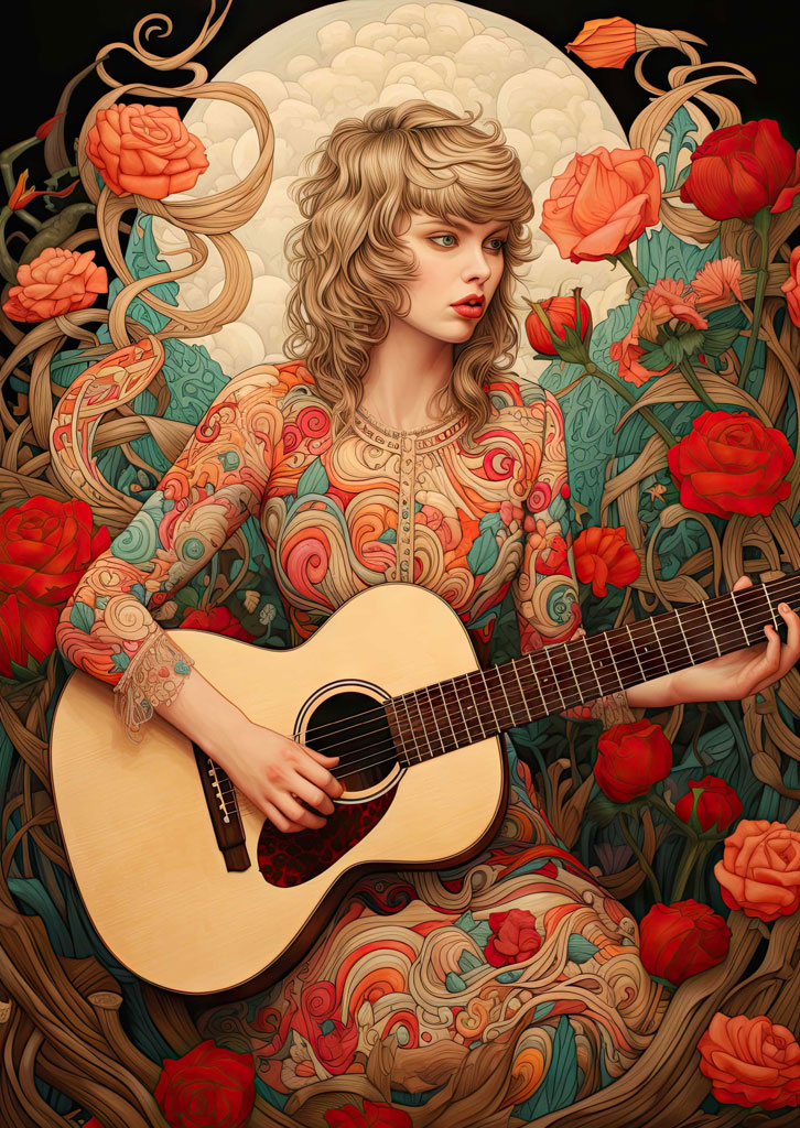 Illustration of a woman with curly hair playing an acoustic guitar, surrounded by roses and vines.