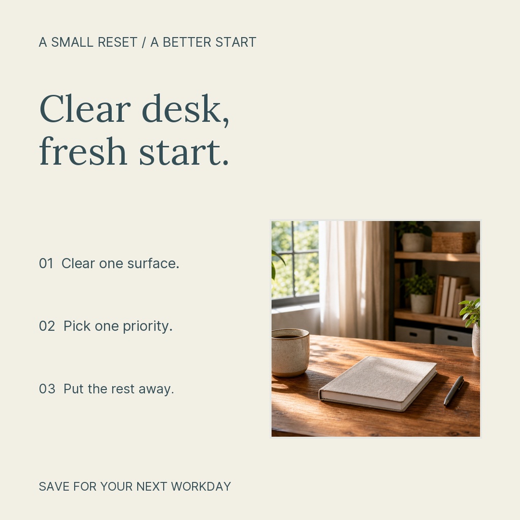 Minimal square post with the headline Clear desk, fresh start and a desk photo.
