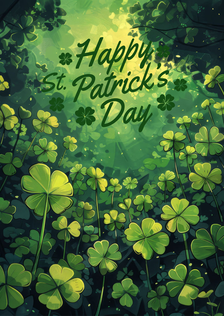 St. Patrick's Day illustration with shamrocks and 'Happy St. Patrick's Day' text