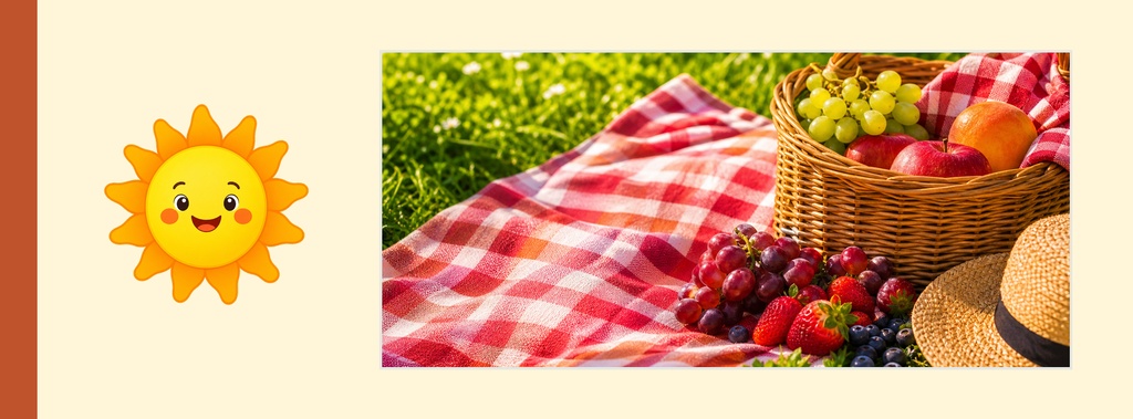 Smiling sun icon beside a picnic blanket with fruit basket and summer berries