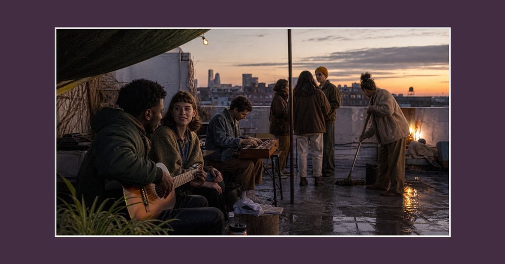 People gathered on a rooftop at sunset with string lights and guitars