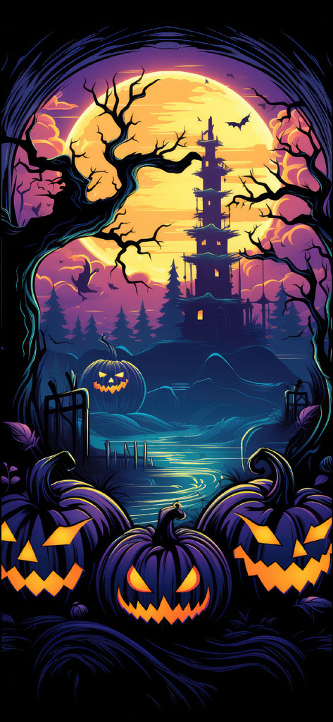 A spooky Halloween night scene with a haunted house in the background and jack-o'-lanterns in the foreground.