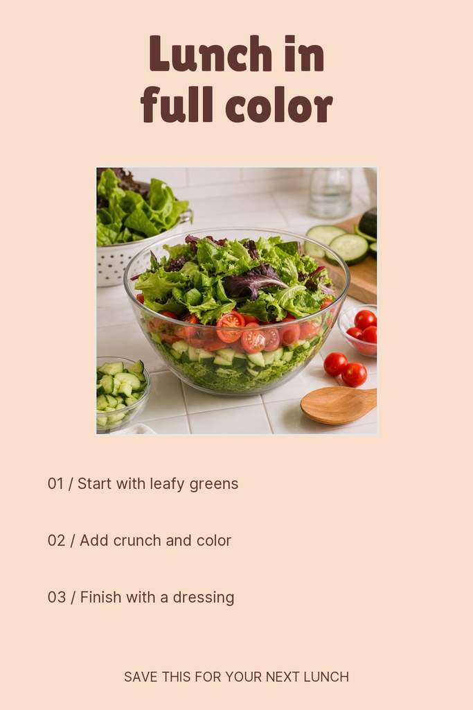 A Pinterest pin layout with the title Lunch in full color above a fresh salad bowl and simple steps below.