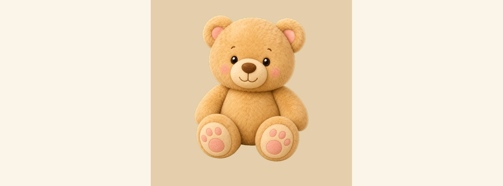 A smiling teddy bear sitting centered on a soft beige background.