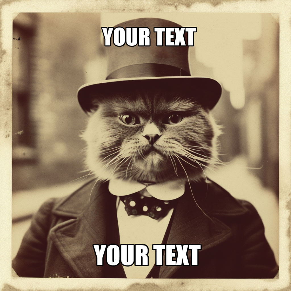 A cat in a suit and hat with 'YOUR TEXT' overlay