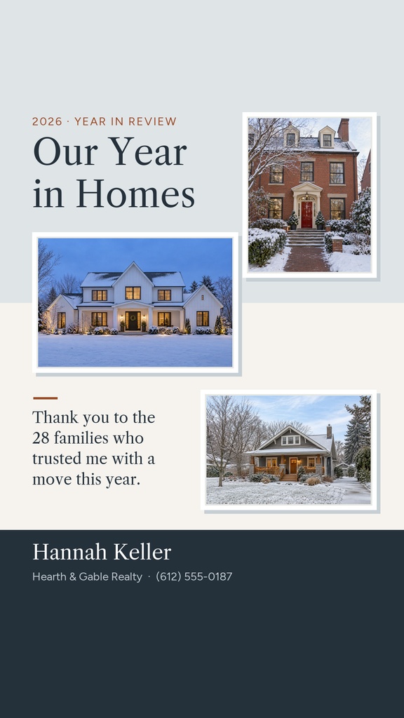 Vertical story template with three house photos, year in review text, and realtor thank you message