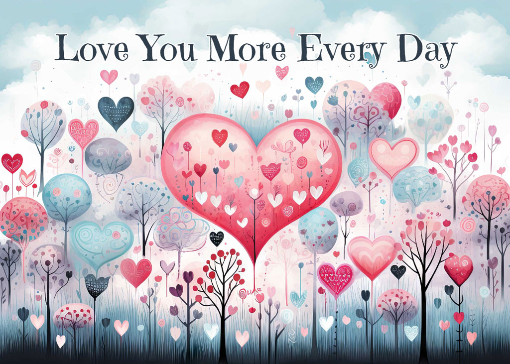 A vibrant illustration of a forest with heart-shaped trees and flowers, representing love and connection.