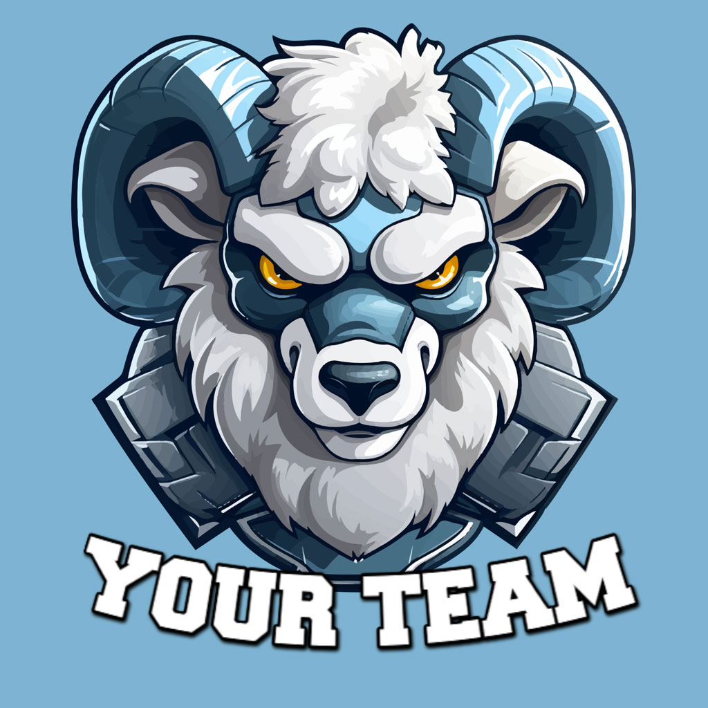 Futuristic ram mascot logo with metallic armor and glowing yellow eyes