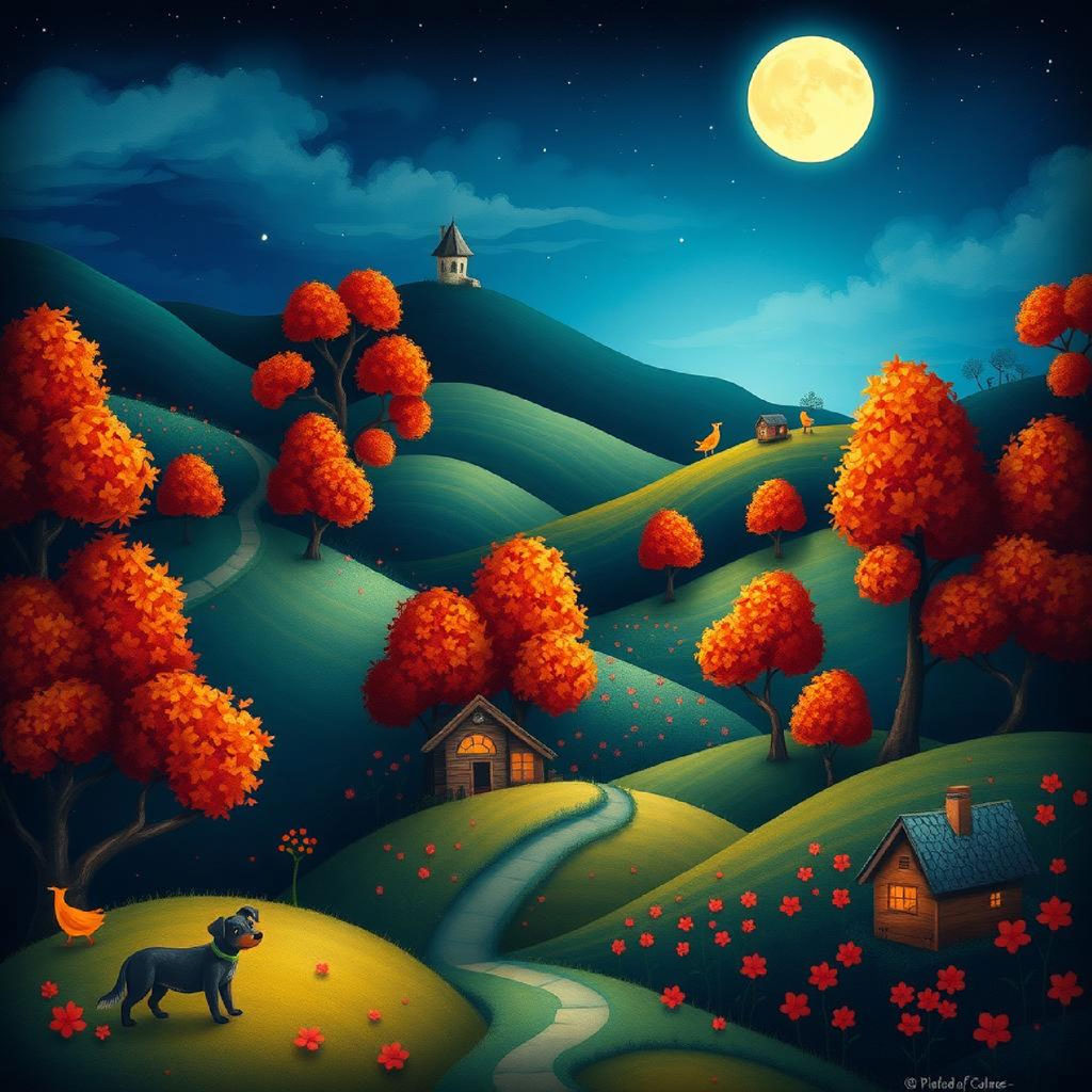 A serene landscape at night with a full moon, rolling hills, orange trees, and houses.