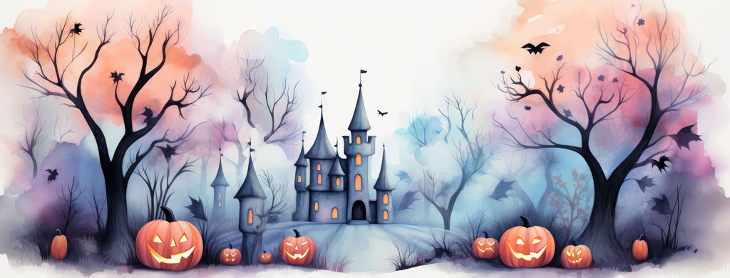 Watercolor illustration of a haunted castle with jack-o'-lanterns and bare trees