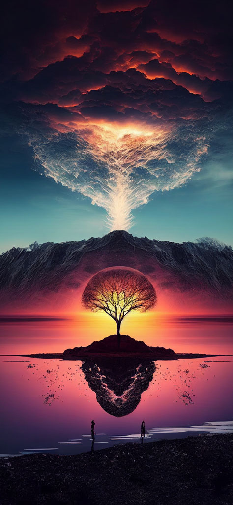 Surreal landscape with a tree on a small island and a mountain