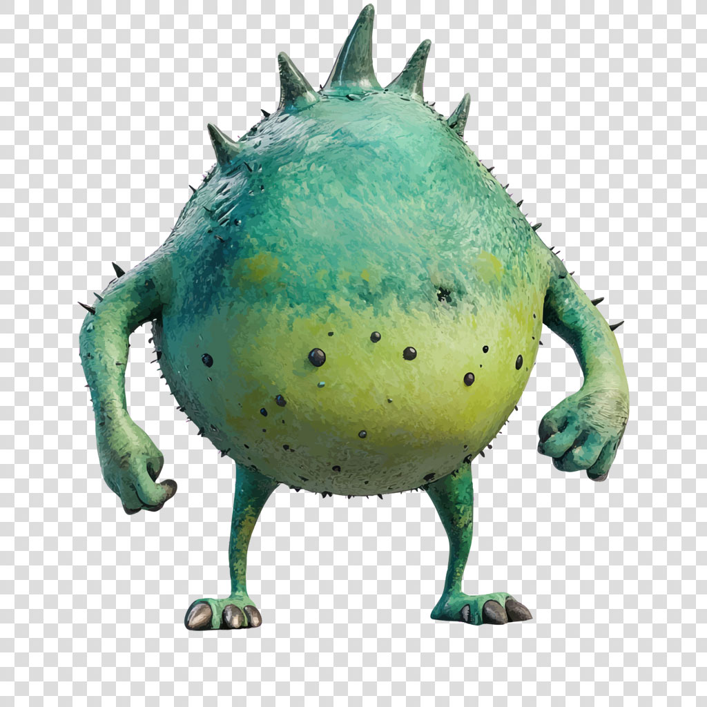 A green monster with spikes on its round body and three-toed feet.