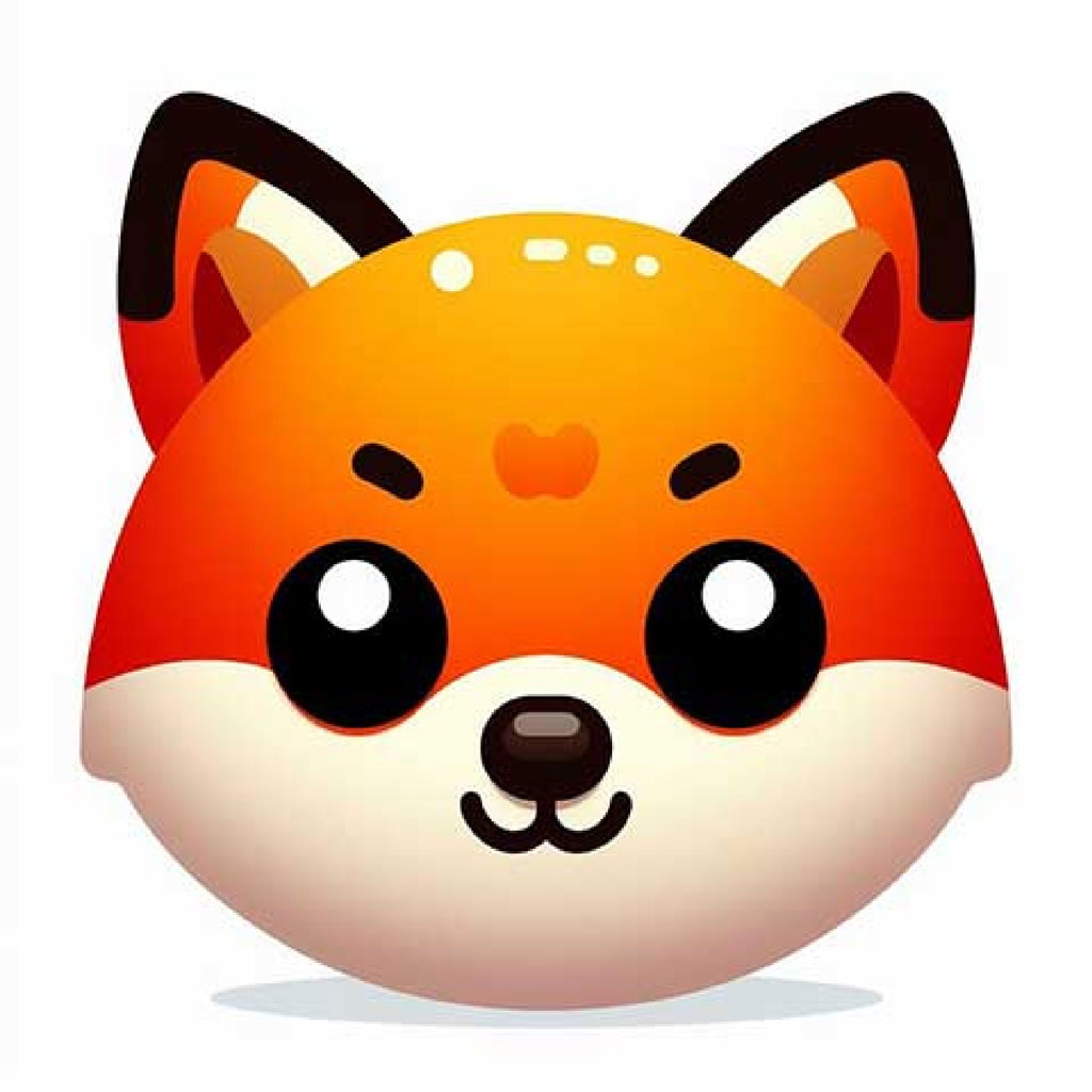 A 3D cartoon fox head with orange fur, white muzzle, and large expressive eyes.