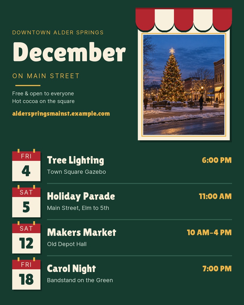Portrait holiday event flyer with a December calendar list and a decorated Christmas tree photo