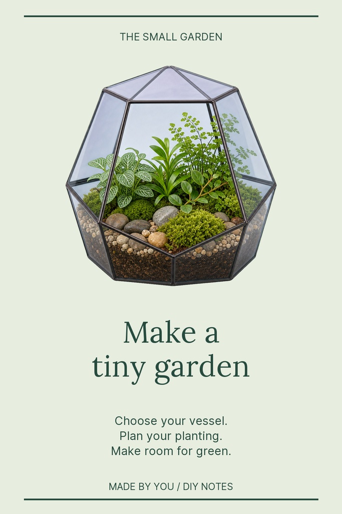 Portrait pin featuring a geometric terrarium with moss, stones, and small plants on a pale background.
