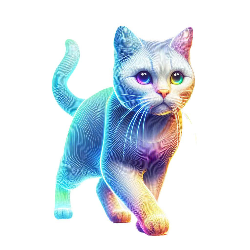 A digital illustration of a cat's head with pastel blue and purple fur and bright green eyes.