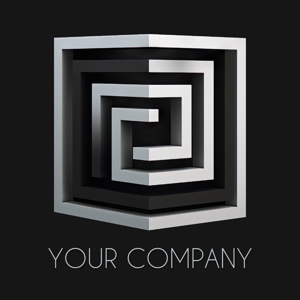 3D silver and black spiral logo on a black background