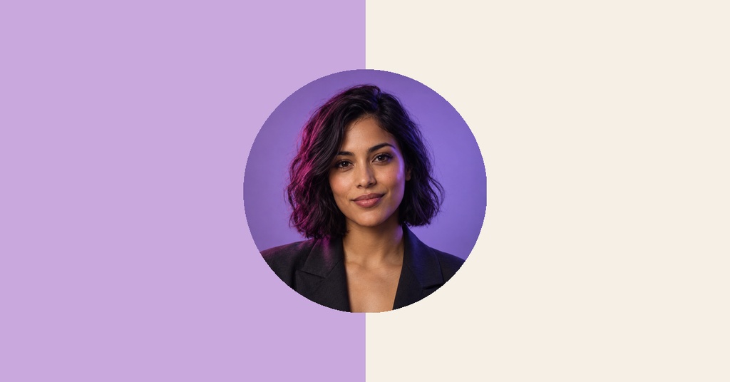 Portrait of a woman in a circular frame on a split lavender and cream background