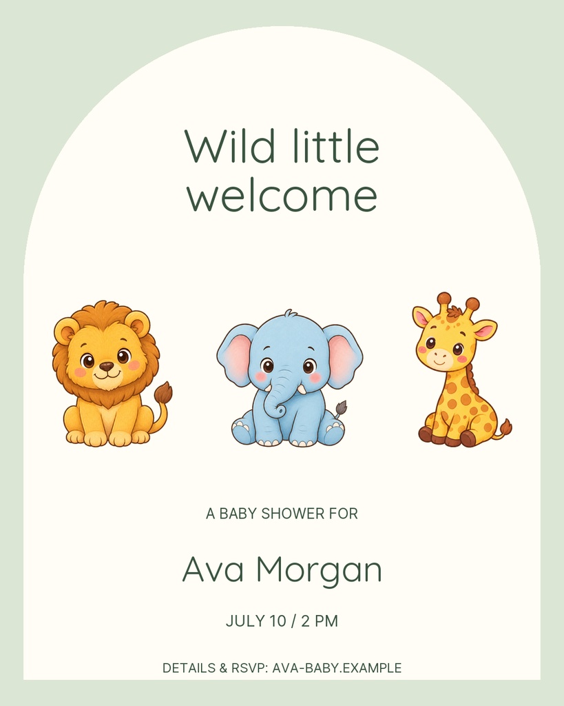 Safari baby shower invitation with a lion, elephant, and giraffe on a soft sage background.