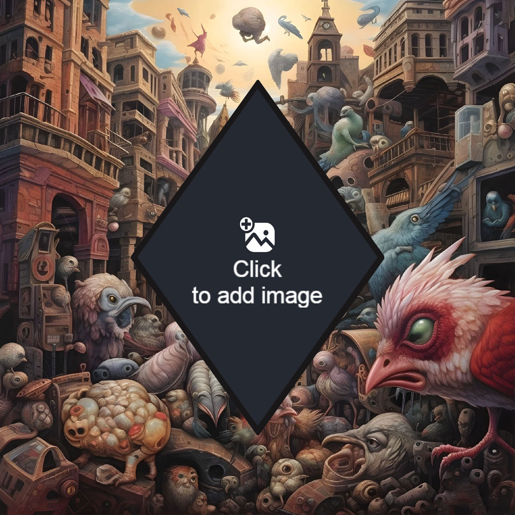 Surreal cityscape with various fantastical creatures and buildings