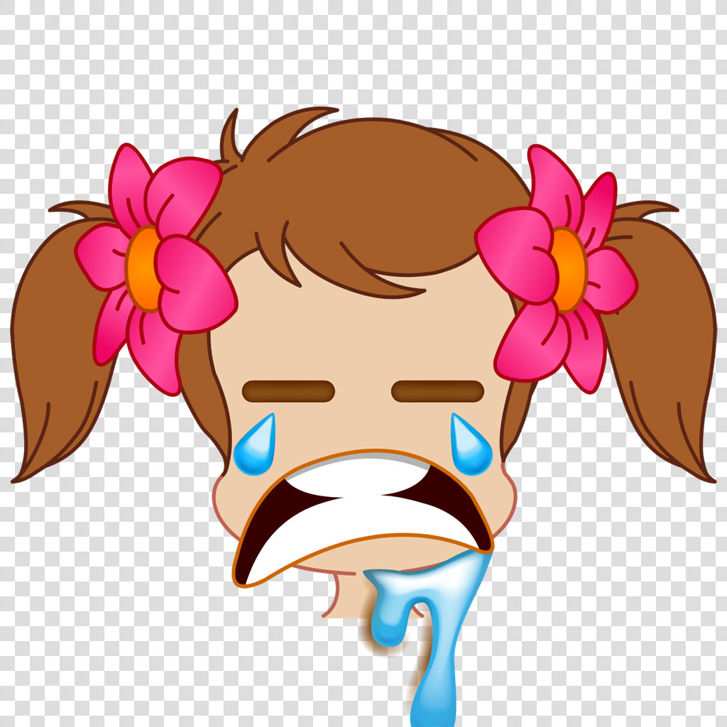 A cartoon girl with pigtails and flowers crying with a white handkerchief.