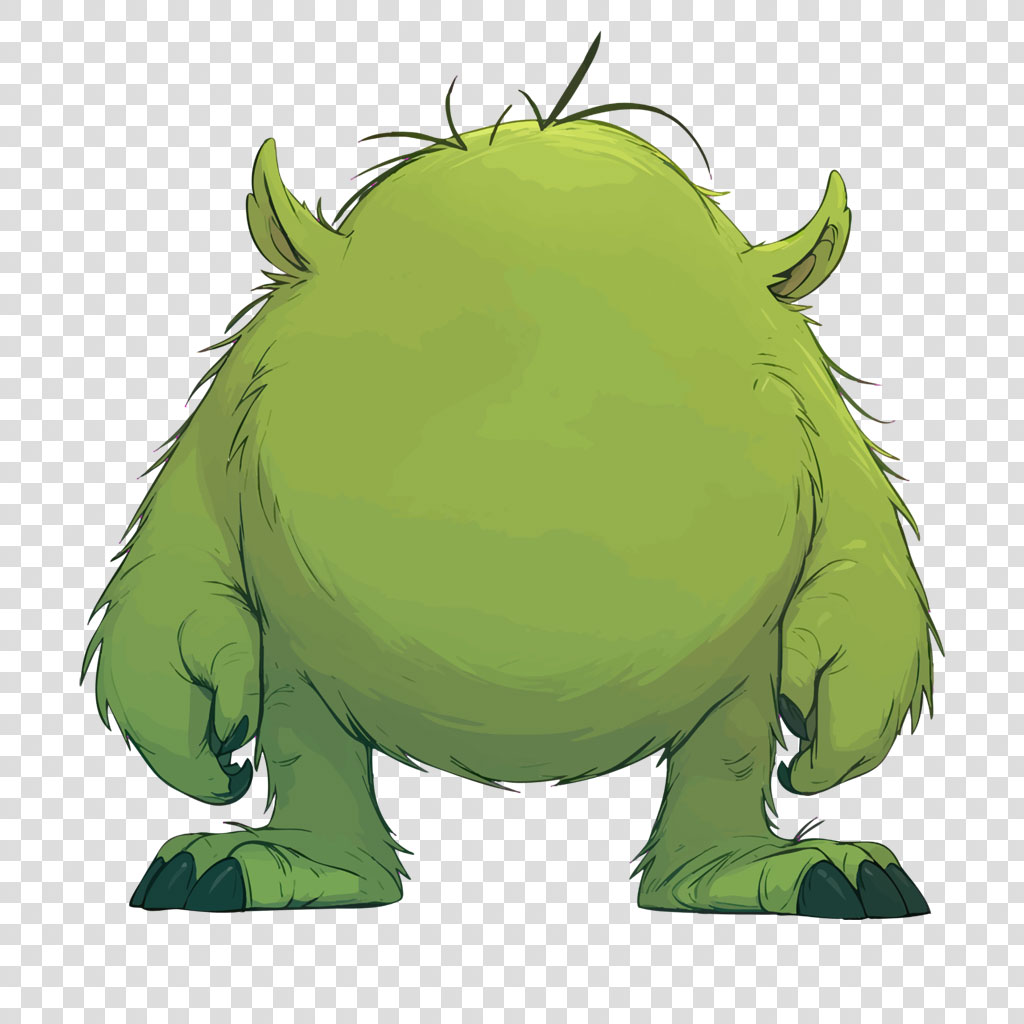 A green cartoon monster with horns and shaggy fur