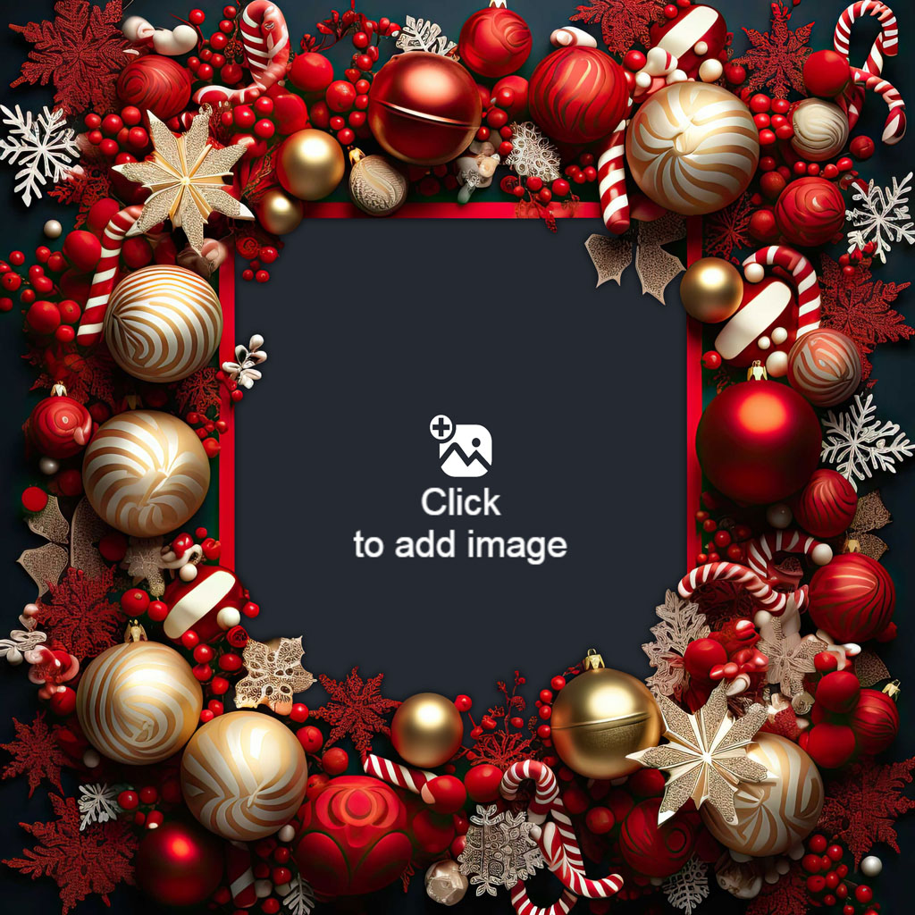A Christmas photo frame with a mother and baby inside, surrounded by red and gold ornaments.