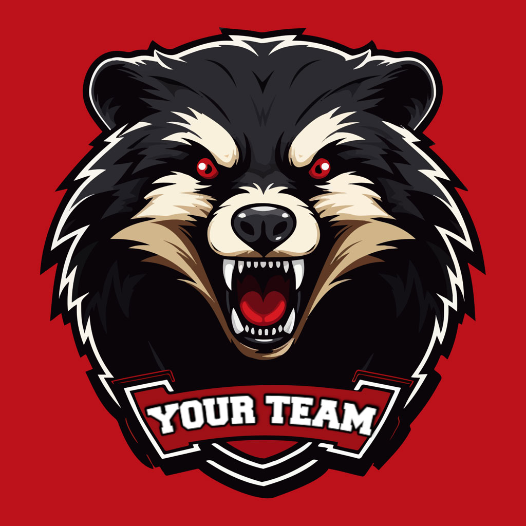 Illustration of a fierce bear mascot with red eyes and a heart-shaped tongue