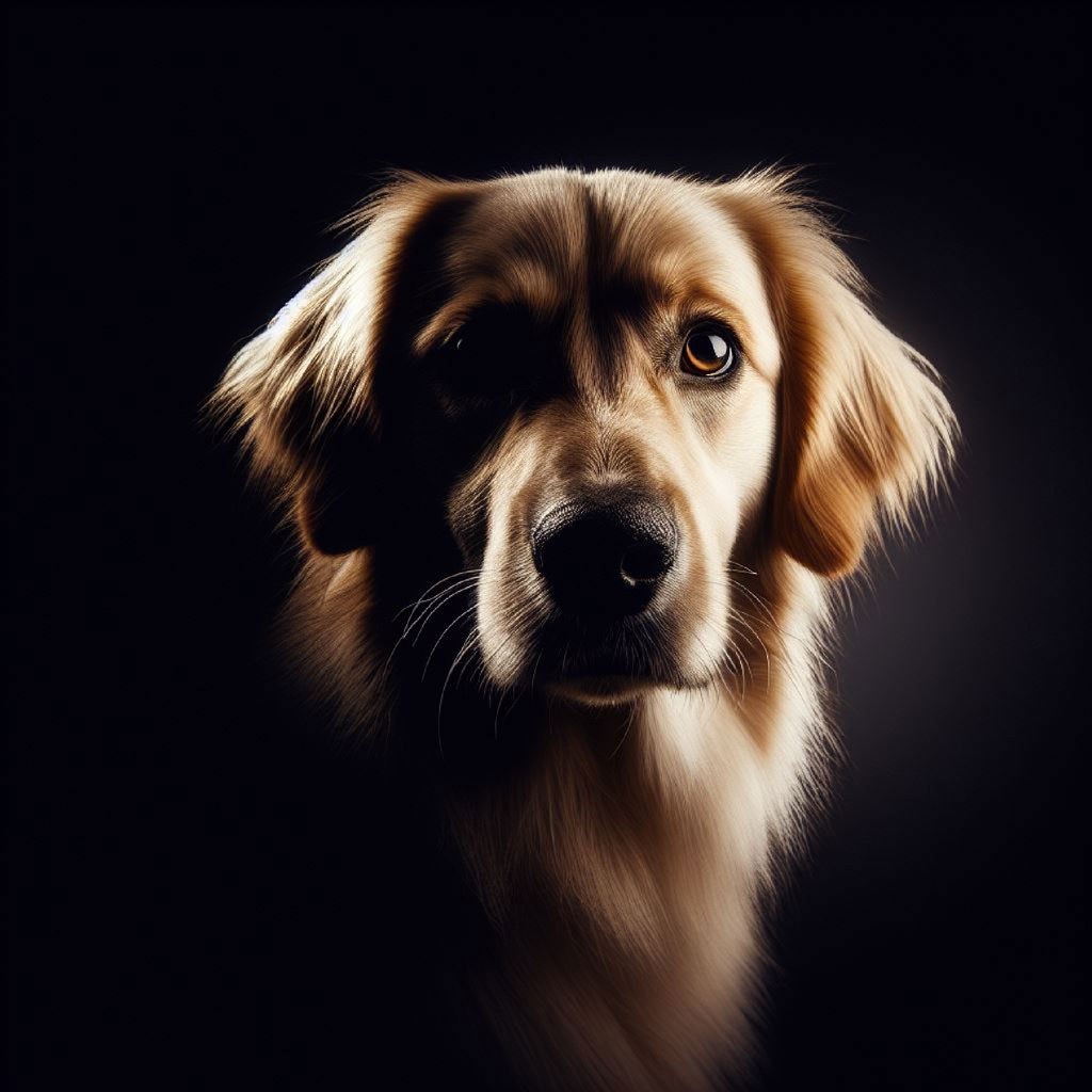 Close-up portrait of a golden retriever with a black background