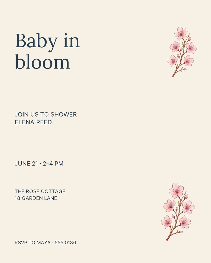 Cream portrait invitation with floral branches and baby shower event details.